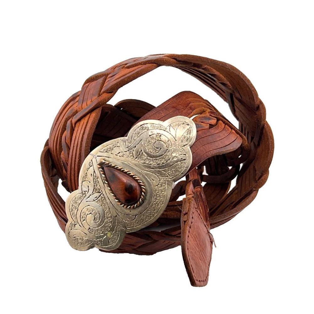 Vtg Moroccan Woven Leather Statement Belt Silver Buckle Boho Western Festival